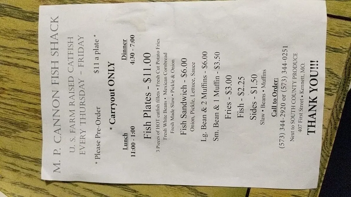 m.p. cannon fish shack Menu